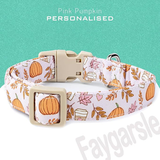 Faygarsle Fall Pumpkin and Leaves Pattern Dog Collar with Charm, Adjustable Pet Neckwear, Pink and Orange for Small Medium Large Dogs XS