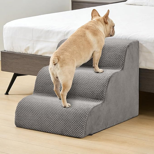 DUMOS Dog Stairs Ramp for Small Dogs and Cats, 3-Step Curved Pet Dog Steps with High-Density Foam for Puppy and Older Cats, Indoor Non-Slip Pet Ladder Ramp Stairs for Couch, High Beds, Sofa, Car, Grey