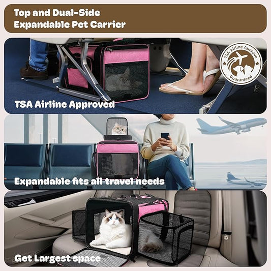 Top and 2 Sides Expandable Cat Carrier 18x11x11, TSA Airline Approved Dog Carriers for Small Dogs, Soft-Sided Pet Carrier with Self-Locking Zippers for Kitten,Rabbit, Puppy, Guinea Pig Pink