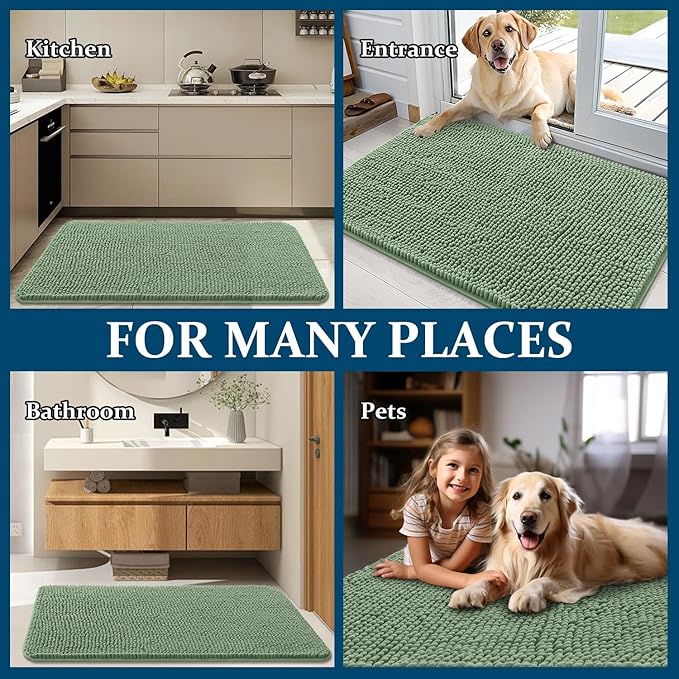 OLANLY Dog Door Mat for Muddy Paws 44x32, Absorbs Moisture and Dirt, Absorbent Non-Slip Washable Doormat, Quick Dry Chenille Mud Mat, Entry Indoor Entryway Carpet for Inside Floor, Olive Green