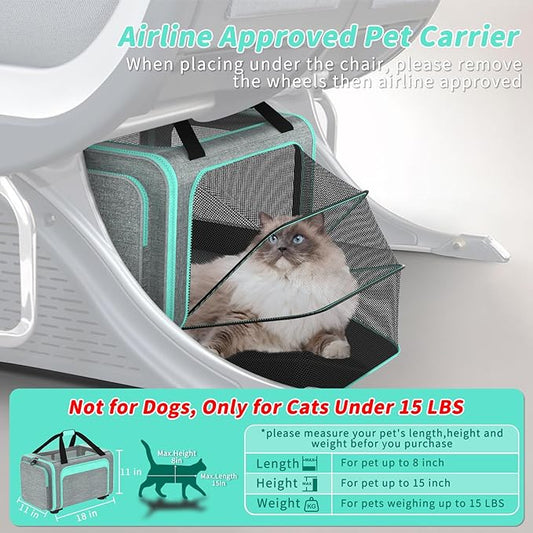 Rolling Pet Carrier with Detachable Wheels - 18x11x11 TSA Airline Approved for Southwest Delta United American, Soft Sided Expandable Travel Bag for Small Dogs & Cats up to 15Lbs, Fits Under Seat