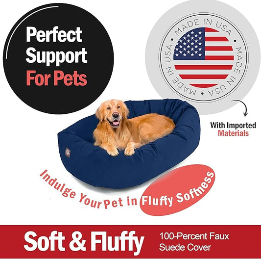 Majestic Pet 40 Inch Suede Calming Dog Bed Washable – Cozy Soft Round Dog Bed with Spine Support for Dogs to Rest Their Head - Fluffy Donut Dog Bed 40x29x9 (Inch) - Round Pet Bed Large – Navy (2025)