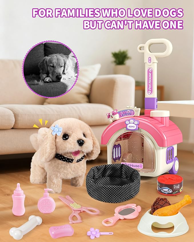 23Pcs Dog Toys for Kids Girls, Walking Barking Interactive Realistic Stuffed Dog with Portable Puppy Stroller & Accessories Toys, Pretend Puppy Pet Care Playset Gifts for Little Girls 3 4 5 6 Year Old