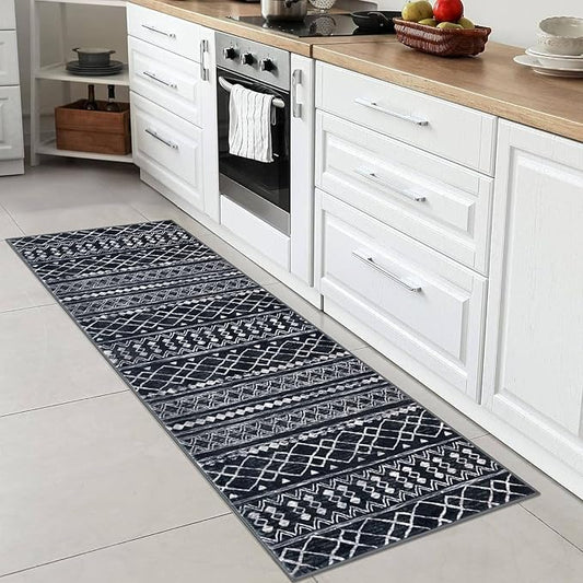 KUTA Moroccan Washable Hallway Runner Rug, 2x6 Non-Slip Vintage Black Boho Rugs Kitchen Runners Ultra Soft Distressed Geometric Floor Carpet for Bedroom Laundry Living Room