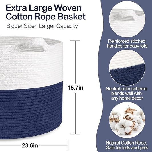 115L Super Large Blanket Basket, Cotton Rope Woven Bin for Toy, Clothes, Laundry, Shoes, Toy Box for Living Room, Oversized Organizer, XXXL Jumbo Basket for Blankets, 23.6"x15.7", Navy Blue