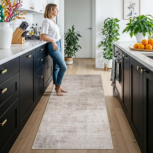 Washable 2x6 Thin Runner Rug: Abstract Soft Entryway Doormat Water-Resistan Hallway Bathroom Kitchen Carpet with Non-Slip Backing Modern Living Room Bedroom Decorative Carpet(2x6,Beige/Cream)