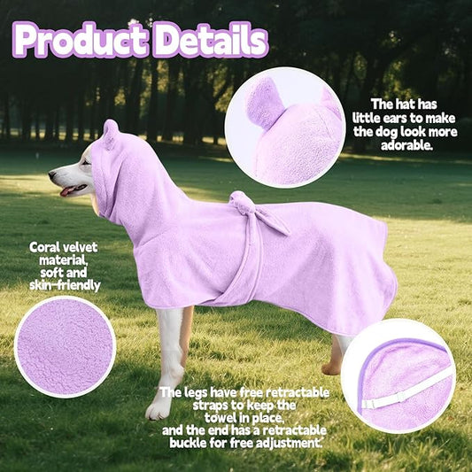 Super Absorbent Dog Bathrobe Pineapple Soft Fast Drying Dogs Towel Robe Adjustable Drying Coat for After Bath with Hood (Coral Velvet Purple, XX-Large)