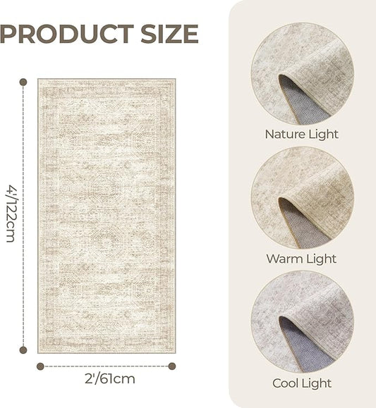 2x4 Washable Rug Runner for Bathroom, Soft Entryway Rug for Laundry Room, Kitchen, Vintage Abstract Hallway Runner for Bedroom, Anti-Slip Door Mat Indoor Entrance(2'x4', Beige/Ivory)