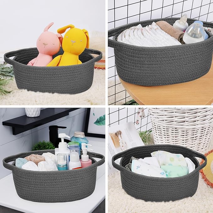 ABenkle Small Woven Storage Basket with Handles - 12"x8"x5", Decorative Rope Bin for Home Organization, Cat & Dog Toys, Shelf Storage, Gift Basket - Deep Grey