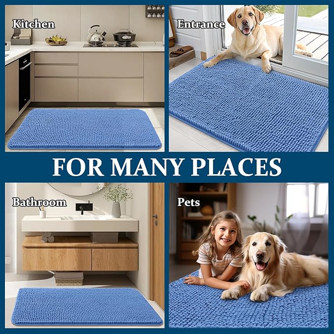 OLANLY Dog Door Mat for Muddy Paws 59x35, Absorbs Moisture and Dirt, Absorbent Non-Slip Washable Doormat, Quick Dry Chenille Mud Mat, Entry Indoor Entryway Carpet for Inside Floor, Cornflower Blue