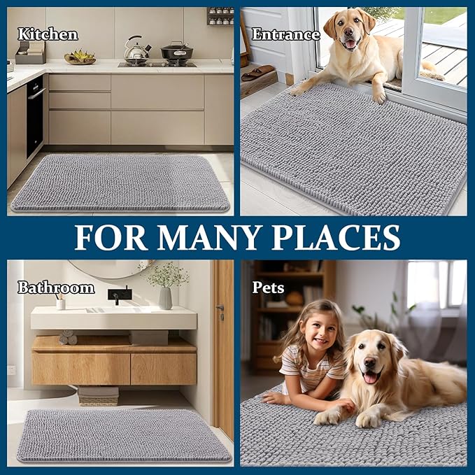 OLANLY Dog Door Mat for Muddy Paws 47x20, Absorbs Moisture and Dirt, Absorbent Non-Slip Washable Doormat, Quick Dry Chenille Mud Mat for Dogs, Entry Indoor Entryway Carpet for Inside Floor, Light Grey