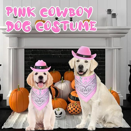 GOYOSWA Dog Halloween Costumes, Dog Cowboy Costume Halloween Pet Cowboy Hat Bandana Scarf for Small Medium Large Dogs Pets (Pink Hat & Pink Bandana, Small)