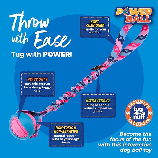 Tug-E-Nuff - PowerBall Bungee Tug | Shock Absorbing Bungee Handle | Durable Ball Toy for Dogs | Ideal for Interactive Dog Training and Dogs of All Ages | 43cm (17inches) in Size
