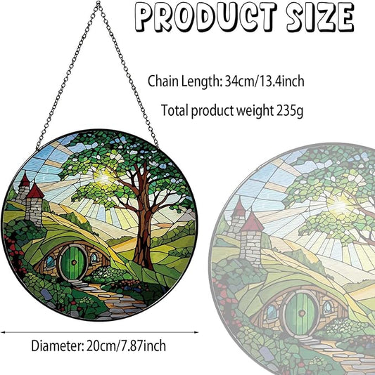Shire Sun Catcher 7.87'' Stained Glass Window Hanging Gifts for Countryside Lover Women Scenery Wall Decor Handmade Sun Catcher Decoration for Home Garden Housewarming Gifts