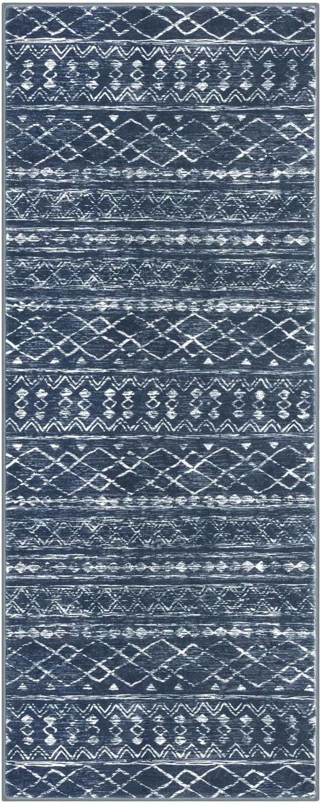 KUTA Moroccan Washable Runner Rug 2.6x8, Non-Slip Vintage Navy Blue Boho Hallway Runners Rugs Ultra Soft Print Distressed Geometric Floor Carpet for Bedroom Laundry Living Room