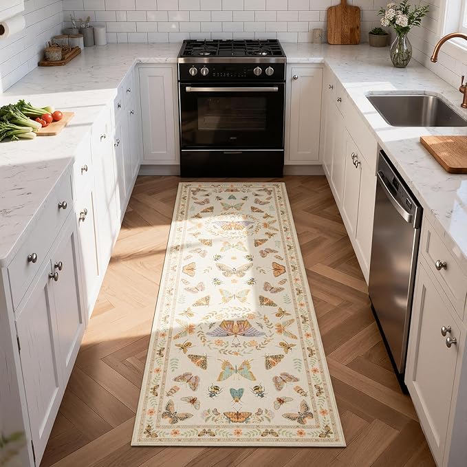 Unirea 2x6 Cream Runner Rug, Washable Non Slip Insect Botanical Rug for Hallway, Kitchen, Bathroom, Laundry Room, Entryway, Bedroom, Soft Boho Door Mat Indoor Entrance Bug Rugs, Low Pile Carpet