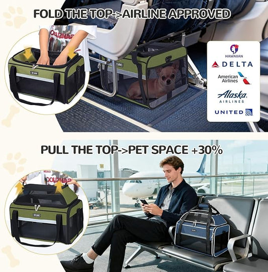 Lekereise Top-Expandable Pet Carrier 17x11x9.5 Inch Alaska Hawaiian Airline Approved Soft Sided Underseat to 12lbs Travel Carriers for Small Dogs and Cats with Locking Safety Zippers Anti-Scratch Mesh