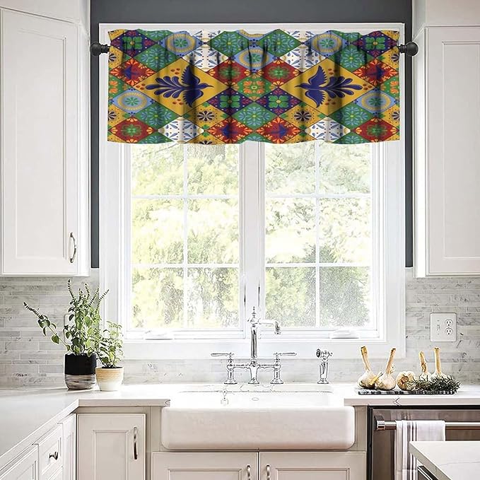 Mexico Fiesta Valance Curtains Mexican Floral Bird Talavera Ceramic Tiles Pattern Window Treatment Valances Short Curtains Rod Pocket Drape for Dining Room Home Kitchen Decor, 54x18inch