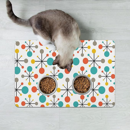 Dog Food Mats for Floors Absorbent, Cat Food Mat - Pet Cat Feeding Mat Quick Dry, Dog Bowl Mats for Water, Pet Supplies Feeding Placemat 16" x 24" Mid-Century Atomic