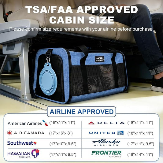 TSA Approved Pet Carrier for Kitten and Puppy, Cat Carrier Soft Fits Pets up to 13 lbs, Dogs Travel Bag with Bowl Foldable, Ideal for Travel, Car Rides, and Vet Visits, Dark Blue
