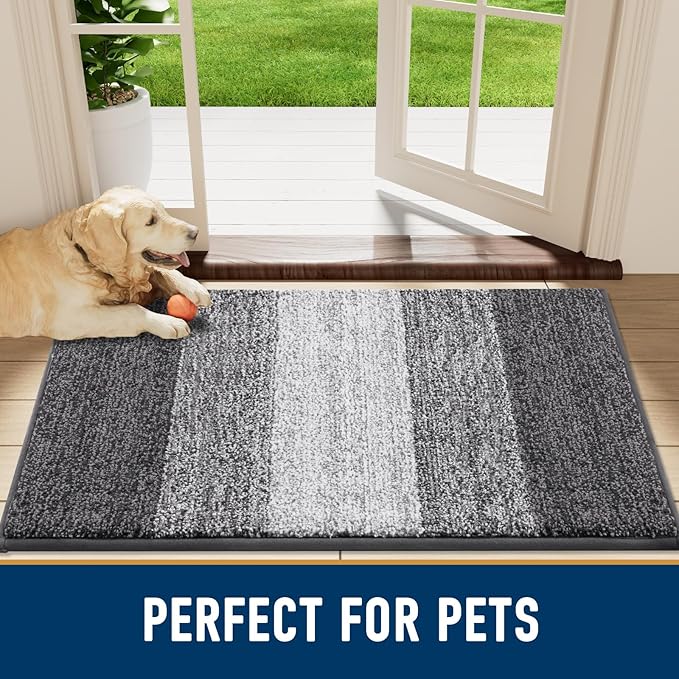 Smiry Dog Door Mat for Muddy Paws, Absorbs Moisture and Dirt, Low-Profile Entryway Mat with Non-Slip Backing, Entry Indoor Outdoor Doormat for Inside Floor (59x35 Inches, Grey, Striped)