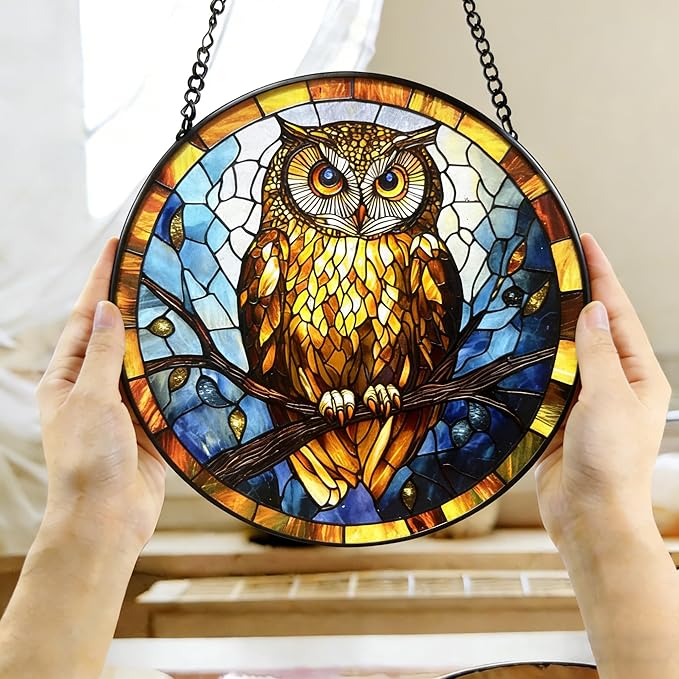 Owl Stained Glass Suncatcher,7.8-in Colorful Bird Window Hanging Ornament for Indoor & Outdoor Decor, Gift for Bird Lovers, Women, Mom, Grandma, Living Room, Garden, Porch, Housewarming