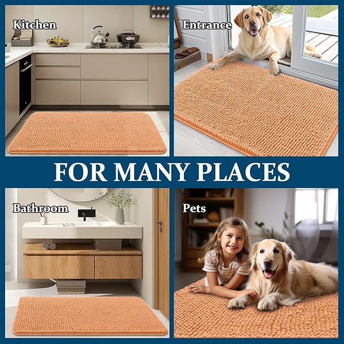 OLANLY Dog Door Mat for Muddy Paws 35x24, Absorbs Moisture and Dirt, Absorbent Non-Slip Washable Doormat, Quick Dry Chenille Mud Mat for Dogs, Entry Indoor Entryway Carpet for Inside Floor, Orange