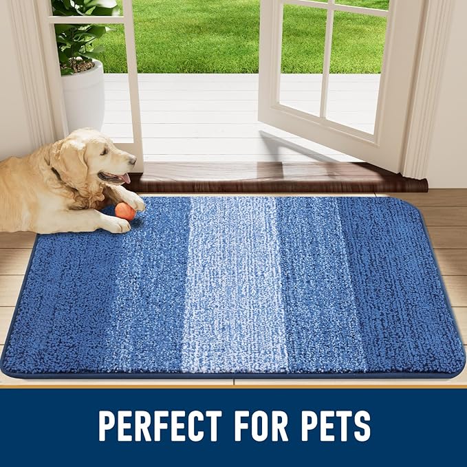 Smiry Dog Door Mat for Muddy Paws, Absorbs Moisture and Dirt, Low-Profile Entryway Mat with Non-Slip Backing, Entry Indoor Outdoor Doormat for Inside Floor (47x20 Inches, Navy Blue, Striped)