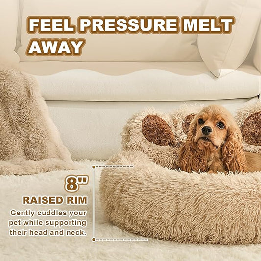 Jiupety Paw Shape Calming Pet Bed, Plush Faux Fur Donut Bed for Dogs & Cats, Machine Washable, Non-Slip Bottom, Large Size (26"×26"×8"), Camel