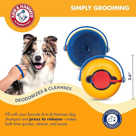 Arm & Hammer Deodorizing Soap Dispensing Palm Brush for Dogs - Grooming Dog Brush for All Hair Types, Pair Dog Soap Dispenser with Your Pets Favorite Shampoo, Easy Grip Scrubber for Dogs