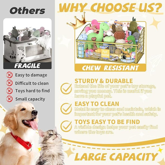 Indestructible Dog Toy basket, Medium Toy Box for Dogs,Pet Toy Bin Dog Metal Basket for Toys, Toy Storage Organizer, Toy Box for Living Room Area (Gold)