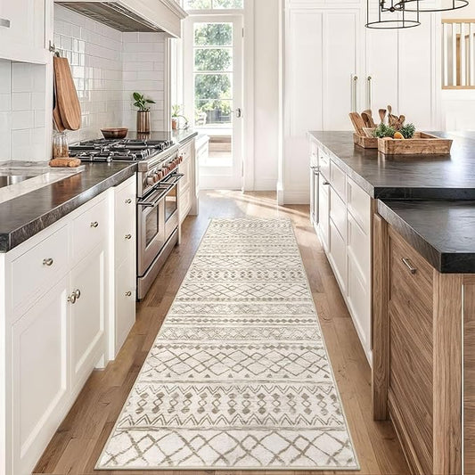 KUTA Moroccan Washable Runner Rug 2.6x8, Non-Slip Vintage Beige Boho Hallway Runners Kitchen Rugs Ultra Soft Print Distressed Geometric Floor Carpet for Bedroom Laundry Living Room