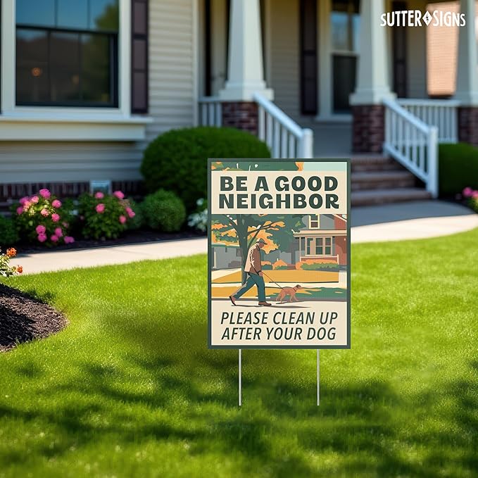 2pk Clean Up After Your Dog Signs | No Dog Poop Signs for Yard Lawn | Corrugated Plastic with H-Frame Metal Stakes, 9" x 12"