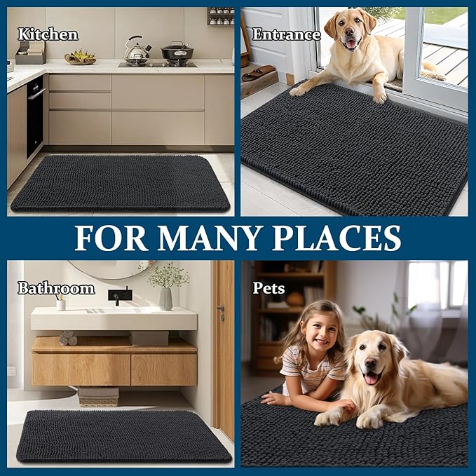 OLANLY Dog Door Mat for Muddy Paws 59x24, Absorbs Moisture and Dirt, Absorbent Non-Slip Washable Doormat, Quick Dry Chenille Mud Mat for Dogs, Entry Indoor Entryway Carpet for Inside Floor, Dark Grey