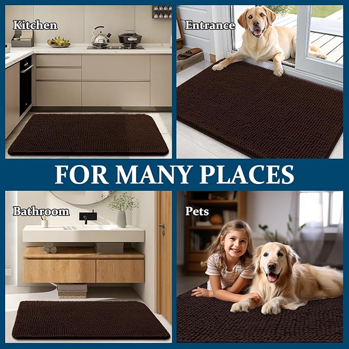 OLANLY Dog Door Mat for Muddy Paws 32x20, Absorbs Moisture and Dirt, Absorbent Non-Slip Washable Doormat, Quick Dry Chenille Mud Mat for Dogs, Entry Indoor Entryway Carpet for Inside Floor, Brown