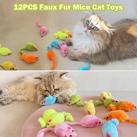 MeoHui 12PCS Rattle Cat Mouse Toys also Prefilled Catnip, 2.36” Mice Body Size, Faux Fur Cat Mice Toys with Plastic Body, Interactive Catnip Toys for Indoor Cats Play Fetch