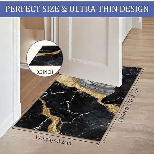 Indoor Rugs for Entryway,Black Gold Marble Welcome Mat for Home,Modern Simple Low Profile Entrance Rugs Non-Slip Doormats for Back Door Patio, Porch,Home Stairway,30 x 17 Inch