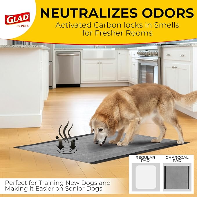 Glad for Pets Extra Large Charcoal Dog Training Pads, Absorbent Leak Proof Pee Pads for Dogs and Puppies, Odor Control Potty Pads with Activated Carbon, 28 x 30 Inches, 50 Count