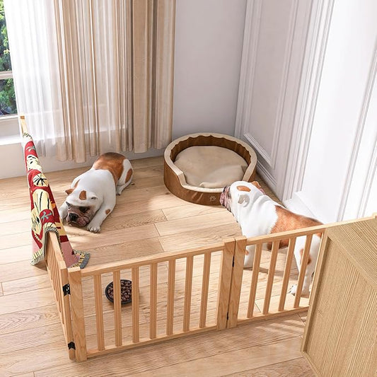 YOCAN Paint-Free Wooden Freestanding Dog Gates for The House,Doorways, Stairs,Wood Dog Fences Indoor Pet Gate,Step Over Fence-4 Panel H:16.9"