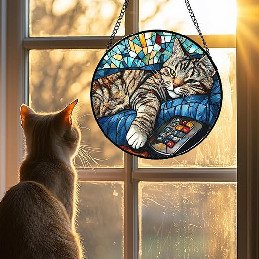 Stained Glass Window Hanging Gray Cat and Remote Control Large 15" - Suncatcher Door Garden Kitchen Sun Catcher Home Decor Birthday for Lost Pets Mom Men Woman Friend Grandma