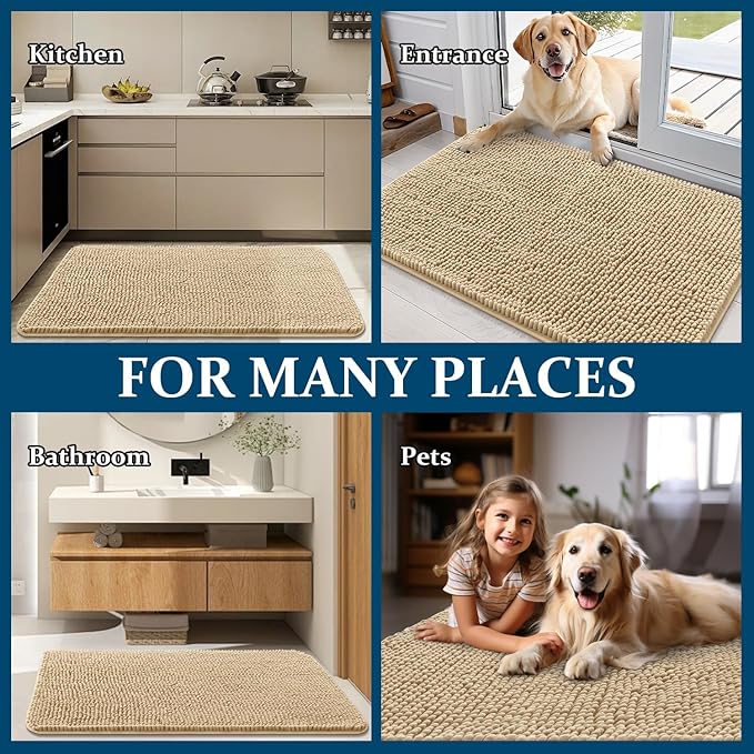 OLANLY Dog Door Mat for Muddy Paws 30x17, Absorbs Moisture and Dirt, Absorbent Non-Slip Washable Doormat, Quick Dry Chenille Mud Mat for Dogs, Entry Indoor Entryway Carpet for Inside Floor, Beige