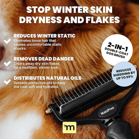 MalsiPree Dog Brush - Large, Black - 2-in-1 Undercoat Rake & Dematting Rake - Shedding Brush & Deshedding Tool for medium to Large Double-Coated Dogs & Cats