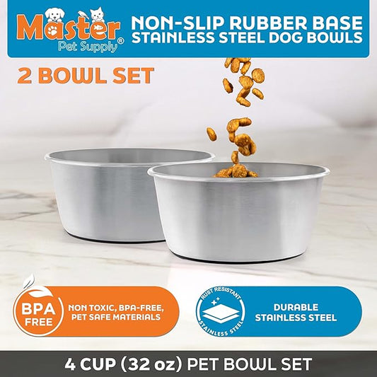 Master Pet Supply Stainless Steel Dog Bowls Set of 2 (32 Oz Each) with Non-Slip Rubber Base - Stainless Steel - Basic Dog Food Bowl Water & Food Bowls for Small Medium Large Dogs & Cats, Metal Dish