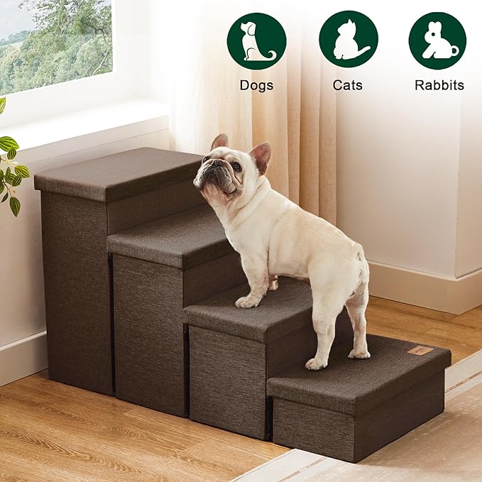 Love's cabin Dog Stairs for Small Medium or Large Dogs with Storage and Adjustable Steps, Foldable Dog Steps for Bed or Couch, 4-Step Coffee Folding Cat Pet Ramp with Zip up to 200 lbs, Coffee