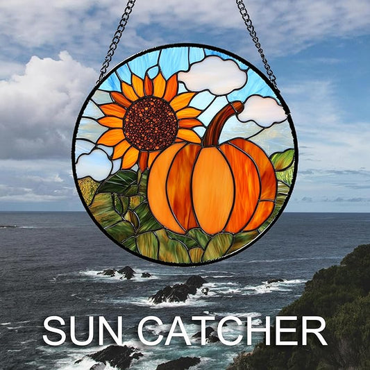 Stained Glass Window Hanging Fall Farm Scenery Sunflower Pumpkin 9.8" - Suncatcher Door Garden Kitchen Sunroom Sun Catcher Home Decor Birthday for Mom Grandma Men Woman