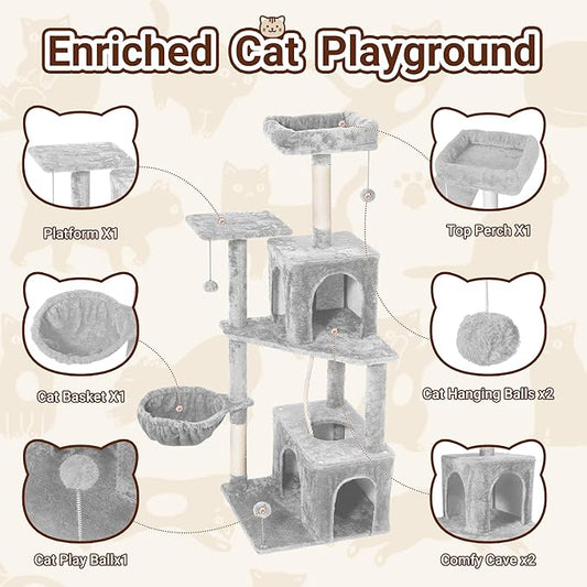 Cat Tree, 54-Inch Cat Tower for Indoor Cats, Soft Plush Multi-Level Climbing Cat Condo with Scratching Posts, Basket, Perches,2 Caves,2 Pompoms Play House for Cat (Light Grey01)