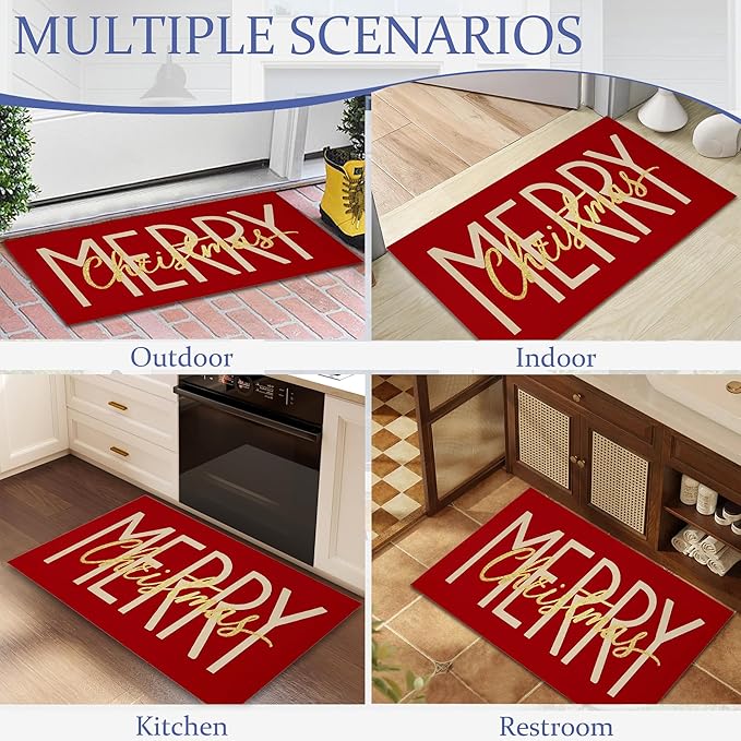 Merry Christmas Door Mats Indoor,Winter Holiday Red Front Door Mat Non-Slip Low Profile Welcome Mat for Outdoor Entrance Indoor Rug Mat Home Patio, Porch, Hallways Floor 30 x 17 Inch