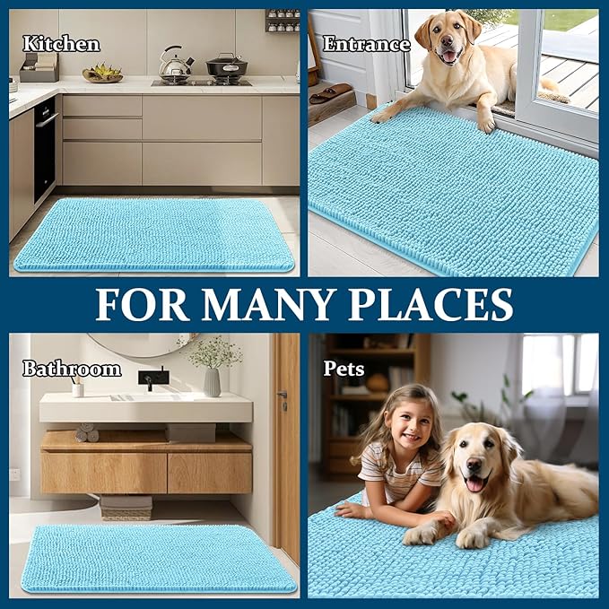 OLANLY Dog Door Mat for Muddy Paws 45x27, Absorbs Moisture and Dirt, Absorbent Non-Slip Washable Doormat, Quick Dry Chenille Mud Mat for Dogs, Entry Indoor Entryway Carpet for Inside Floor, Blue