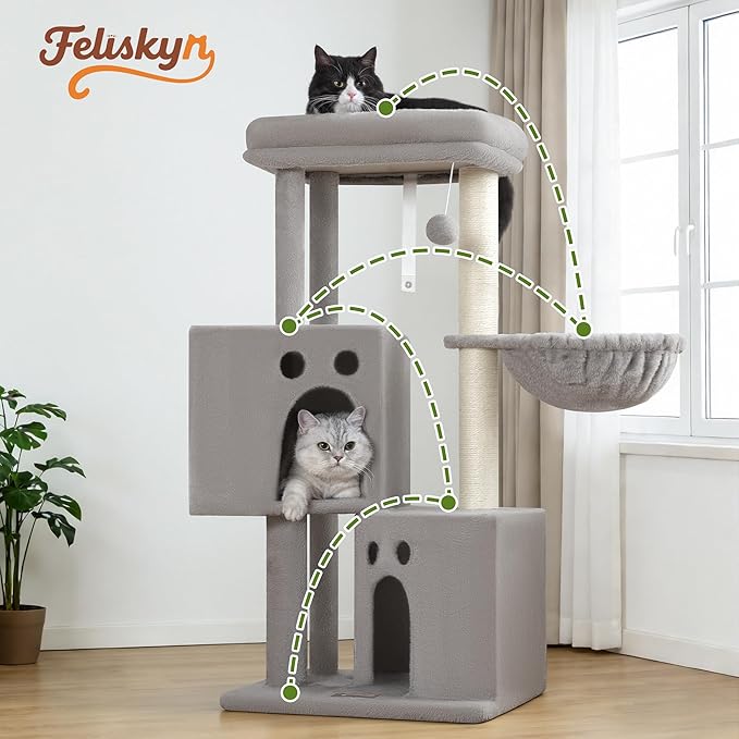 Small Cat Tree Tower for Indoor Cats, 40 in Medium Compact Adults Cat Beds Trees with 2 Condos, Sisal Scratching Post, Large Perch Platform, Multi-Level Kitty Kitten Climbing Stands House(Light Grey)