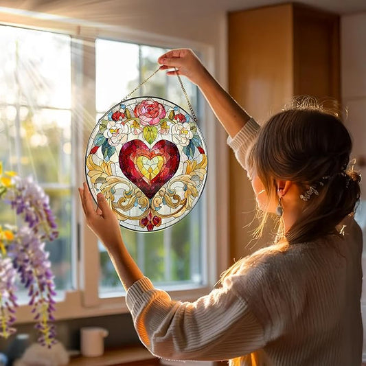 Stained Glass Window Hanging, 8 in Valentine Heart Sun Catcher, Stained Glass Suncatcher, Gift for Wife, Gift for Girlfriend, Mother's Day, Christmas, Birthday, Valentine's Day Gifts for Couple, Her